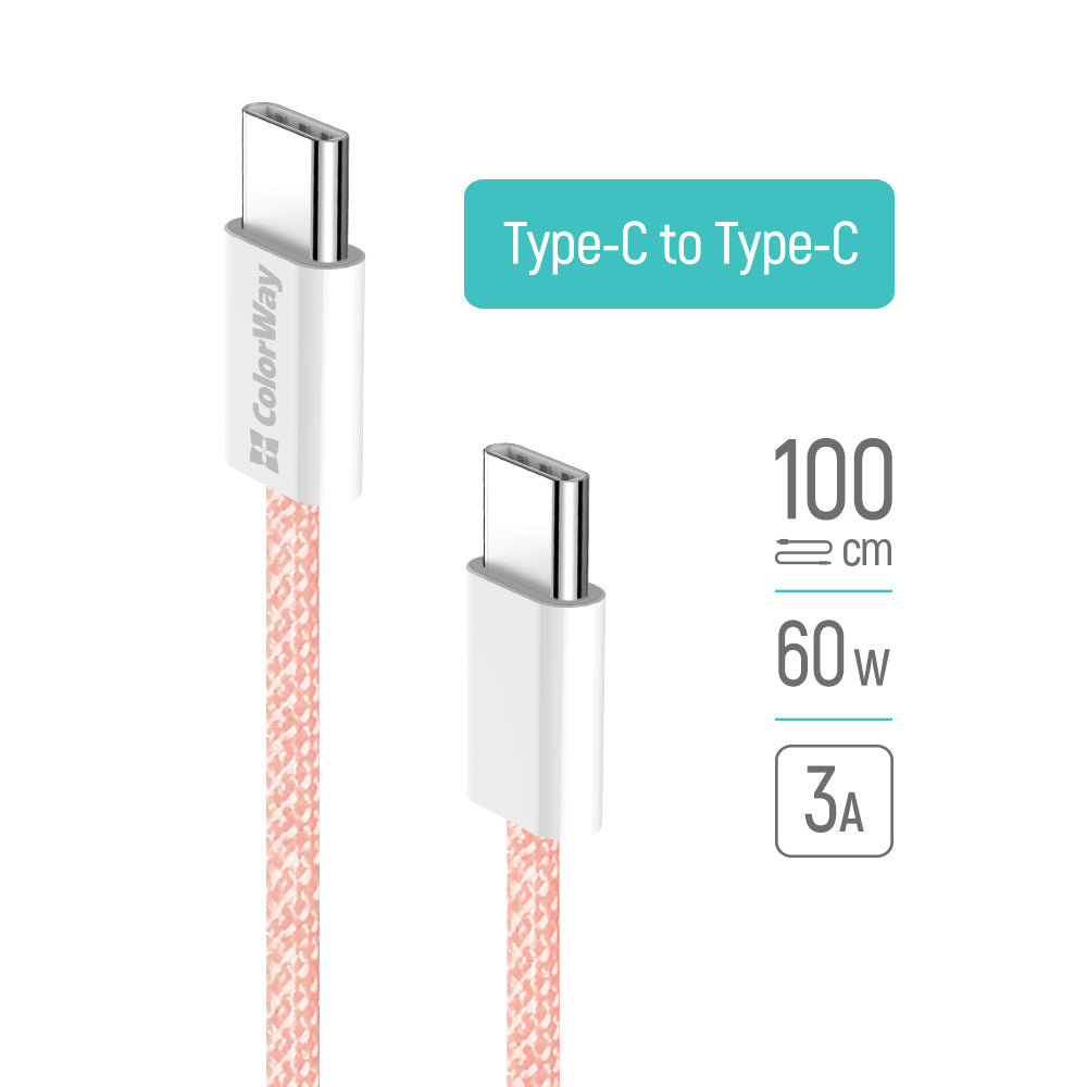 USB-C data- og ladekabel - USB-C ColorWay CW-CBPDCC061, 60W, 1m, Rosa