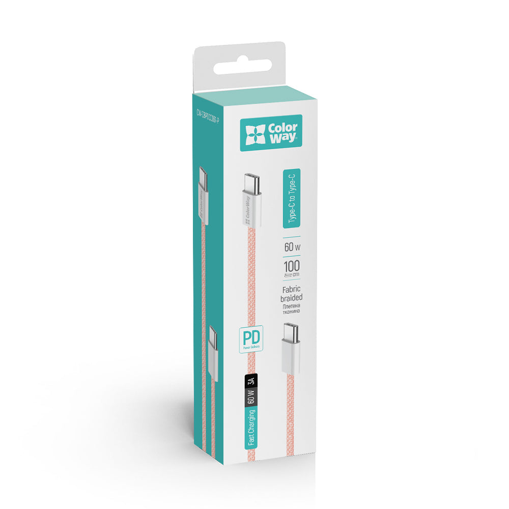 USB-C data- og ladekabel - USB-C ColorWay CW-CBPDCC061, 60W, 1m, Rosa