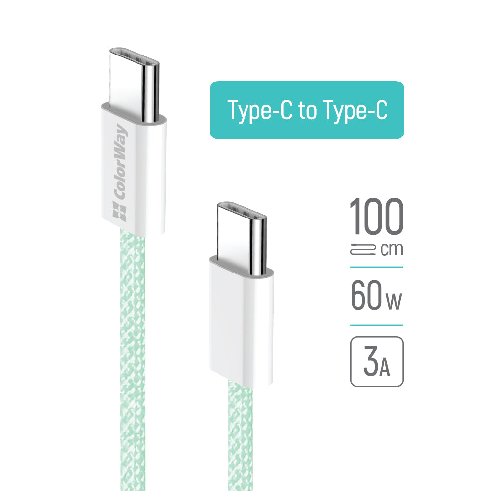 USB-C data- og ladekabel - USB-C ColorWay CW-CBPDCC061, 60W, 1m, Grønn