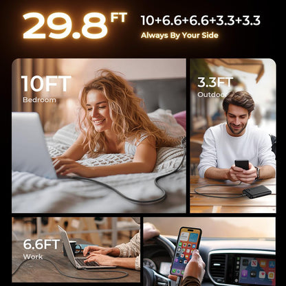 USB-C data- og ladekabel - USB-C Lisen, 60W, sett med 5 stykker (2 x 1m, 2 x 2m, 1 x 3m), Svart YL0123070010