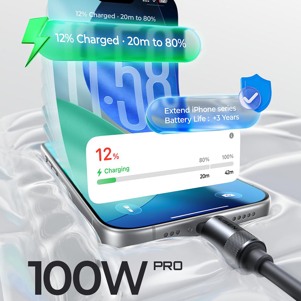 USB-C Data- og ladekabel - USB-C Lisen L115, 100W, 3m, Grå YL0126010031