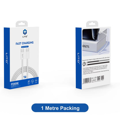 Data- og ladekabel USB-C - USB-C Lito LD04CC, 60W, 1m, Hvit