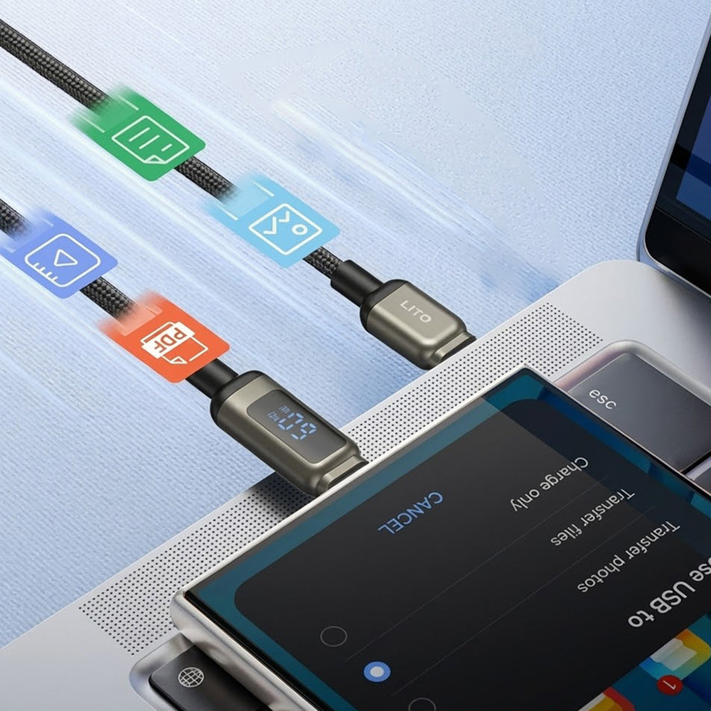 Data- og ladekabel USB-C - USB-C Lito LD15 Display, 60W, 1m, Svart