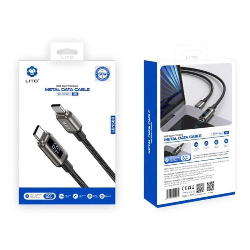 Data- og ladekabel USB-C - USB-C Lito LD15 Display, 60W, 1m, Svart