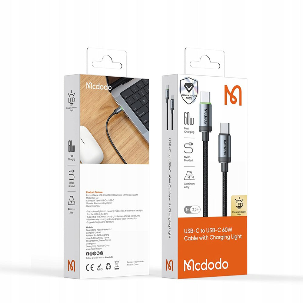 Data- og ladekabel USB-C - USB-C McDodo CA-4410, 60W, 1m, Svart
