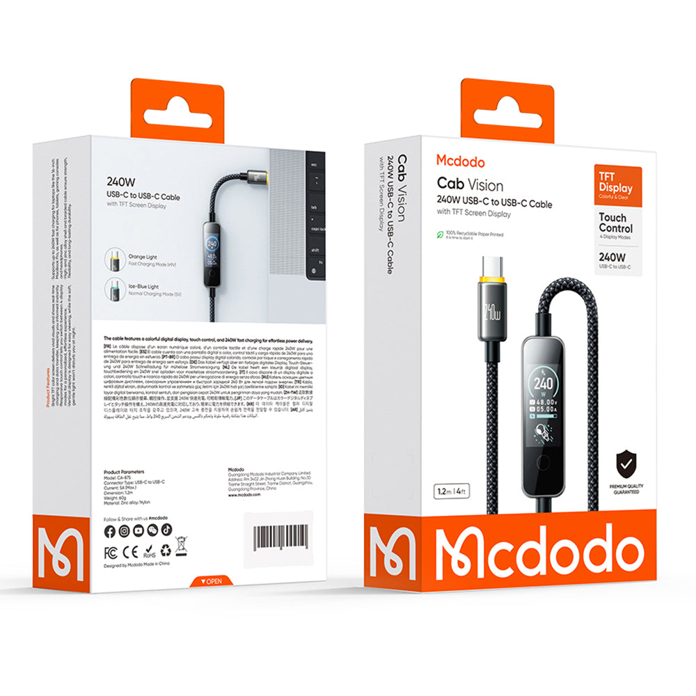 USB-C Data- og ladekabel - USB-C McDodo CA-8750 Display, 240W, 1,2m, svart