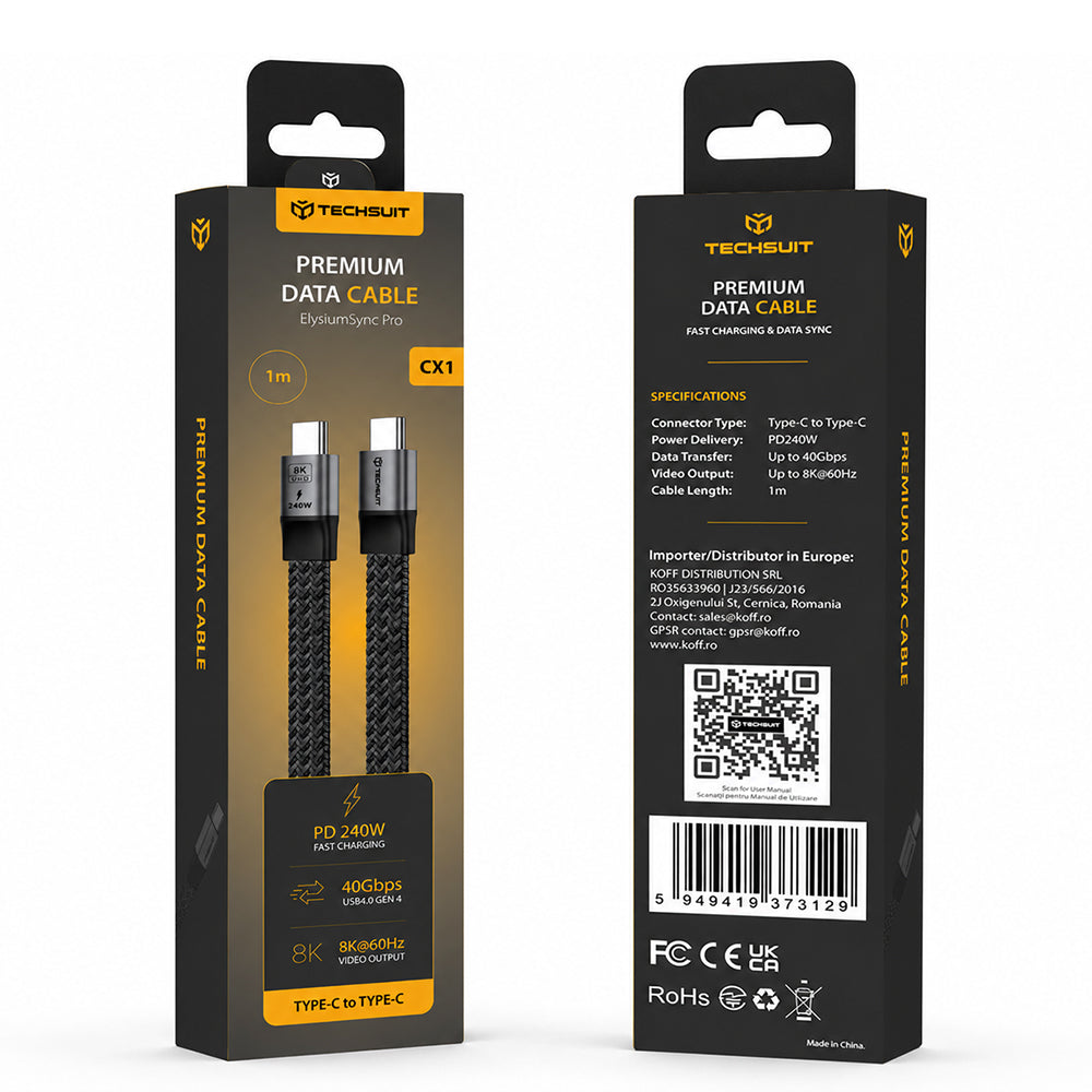 USB-C Data- og ladekabel - USB-C Techsuit ElysiumSync Pro CX1, 240W, 1m, Grå