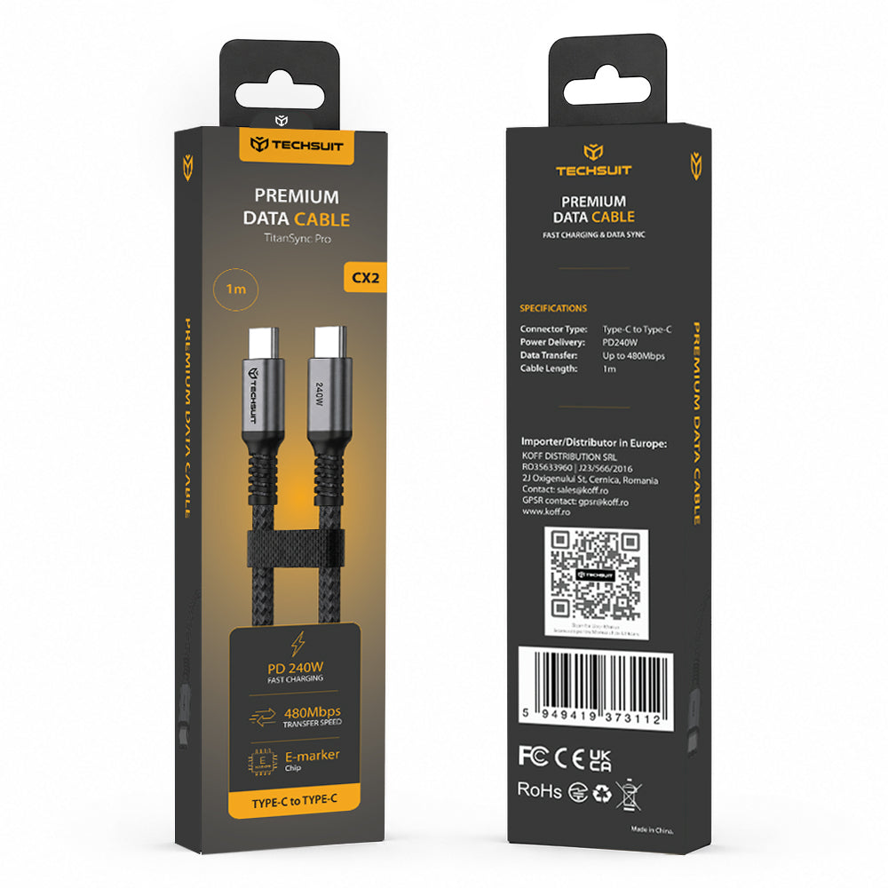 USB-C Data- og ladekabel - USB-C Techsuit TitanSync Pro CX2, 240W, 1m, Grå