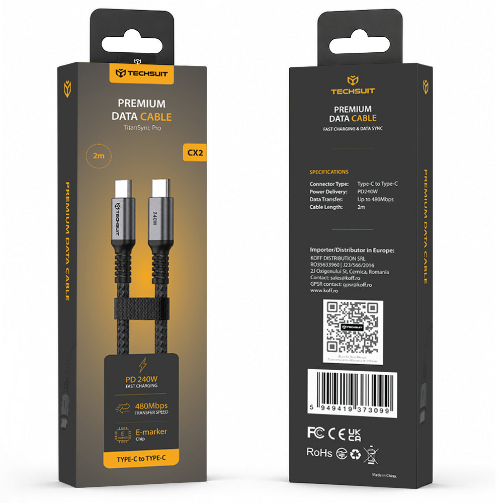 USB-C Data- og ladekabel - USB-C Techsuit TitanSync Pro CX2, 240W, 2m, Grå