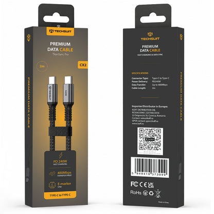 USB-C Data- og ladekabel - USB-C Techsuit TitanSync Pro CX2, 240W, 2m, Grå