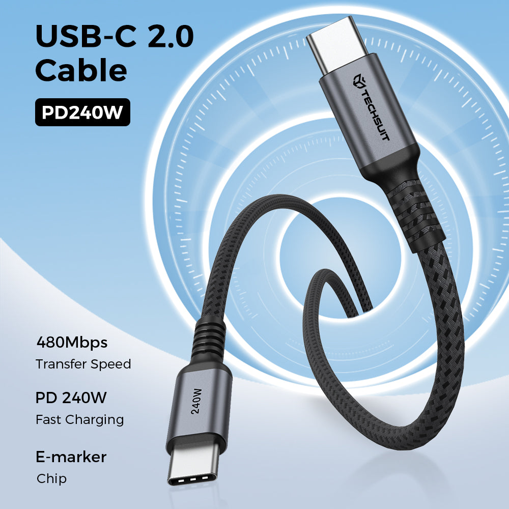 USB-C Data- og ladekabel - USB-C Techsuit TitanSync Pro CX2, 240W, 2m, Grå