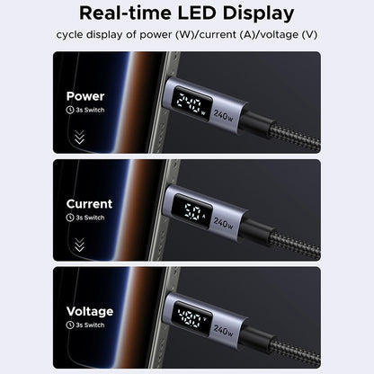 USB-C Data- og ladekabel - USB-C UGREEN 65867 Display, 240W, 2m, Grå