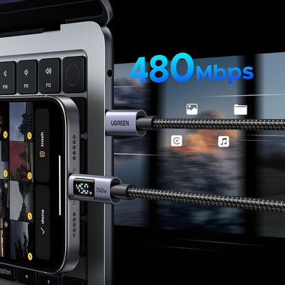USB-C Data- og ladekabel - USB-C UGREEN 65867 Display, 240W, 2m, Grå