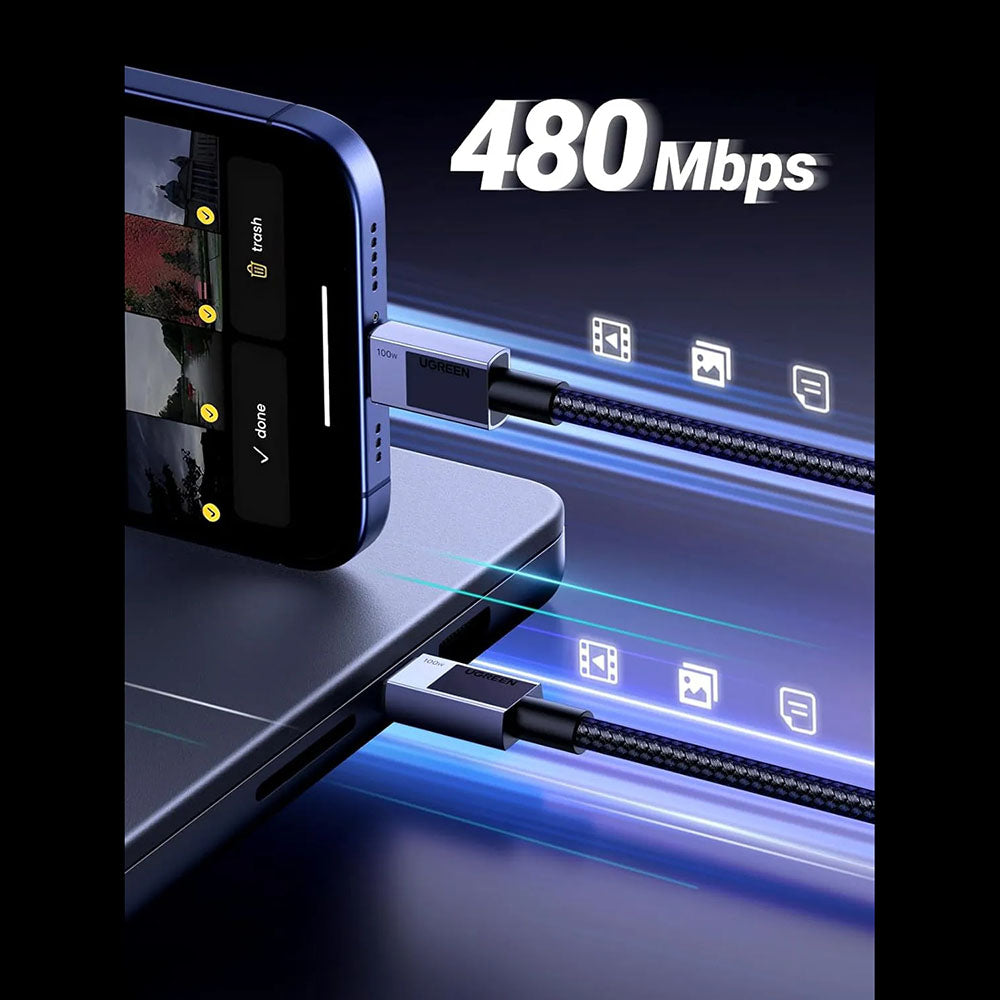 USB-C til USB-C data- og ladekabel UGREEN L512, 100W, 1m, Grå
