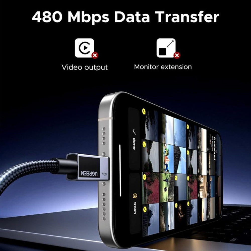 USB-C til USB-C data- og ladekabel UGREEN L524, 60W, 1m, Grå