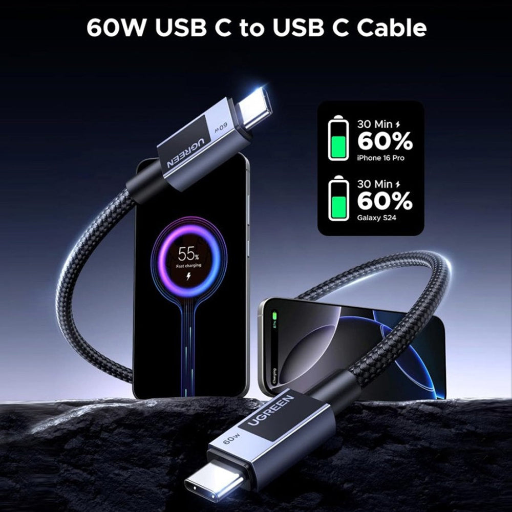 USB-C til USB-C data- og ladekabel UGREEN L524, 60W, 1m, Grå