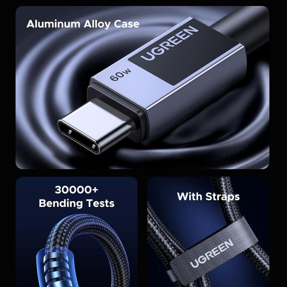 USB-C til USB-C data- og ladekabel UGREEN L524, 60W, 1m, Grå