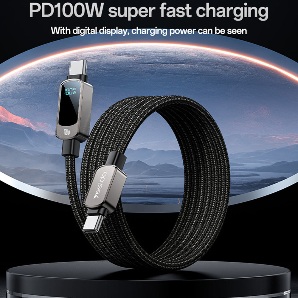 USB-C til USB-C data- og ladekabel Yesido CA179 Display, 100W, 1.2m, Svart