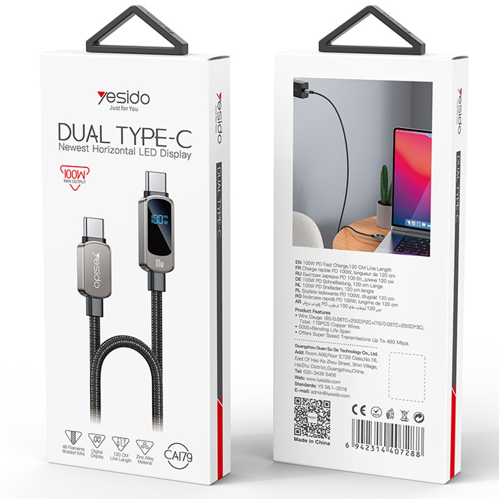 USB-C til USB-C data- og ladekabel Yesido CA179 Display, 100W, 1.2m, Svart