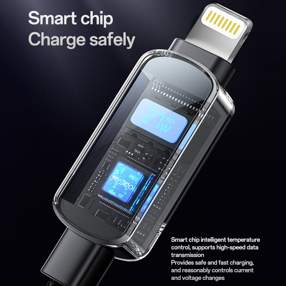 USB-C til USB-C data- og ladekabel Yesido CA180 Display, 27W, 1.2m, Svart