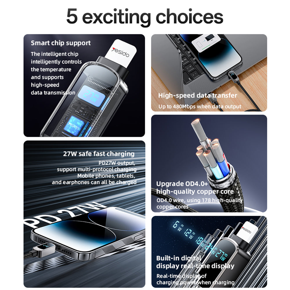 USB-C til USB-C data- og ladekabel Yesido CA180 Display, 27W, 1.2m, Svart