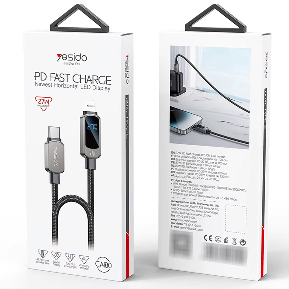 USB-C til USB-C data- og ladekabel Yesido CA180 Display, 27W, 1.2m, Svart
