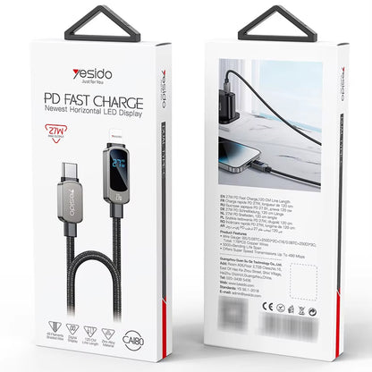 USB-C til USB-C data- og ladekabel Yesido CA180 Display, 27W, 1.2m, Svart