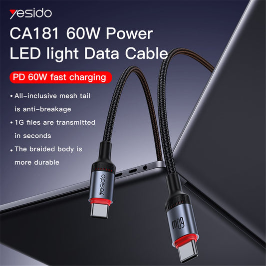 USB-C til USB-C data- og ladekabel Yesido CA181, 60W, 1.2m, Svart
