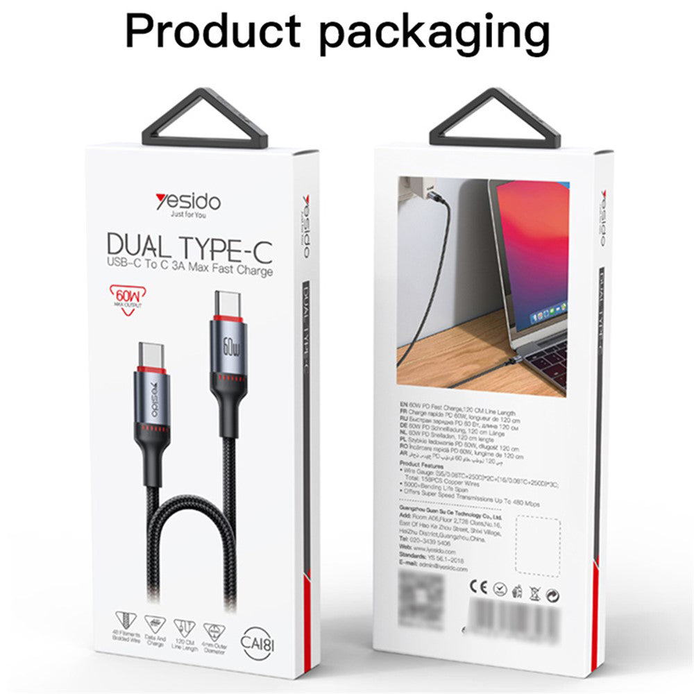 USB-C til USB-C data- og ladekabel Yesido CA181, 60W, 1.2m, Svart