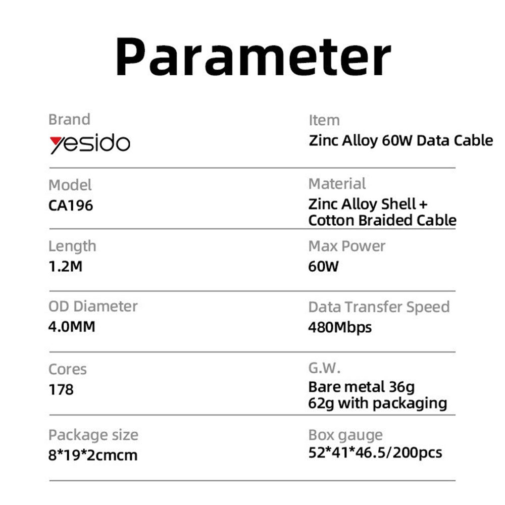 USB-C til USB-C data- og ladekabel Yesido CA196, 60W, 1.2m, Svart