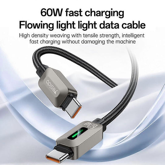 USB-C Data- og ladekabel - USB-C Yesido CA198, 60W, 1,2m, svart