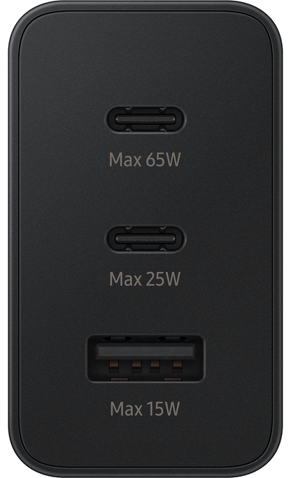 Samsung Trio nettverkslader, 65W, 3,5A, 1 x USB-A - 2 x USB-C, svart EP-T6530NBEGEU