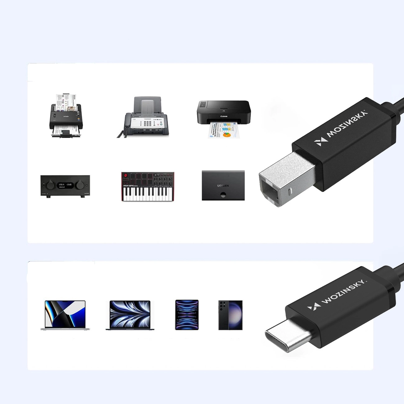 Skriverkabel WZK WKDDY1S, USB-C - USB-B, 1m, Svart
