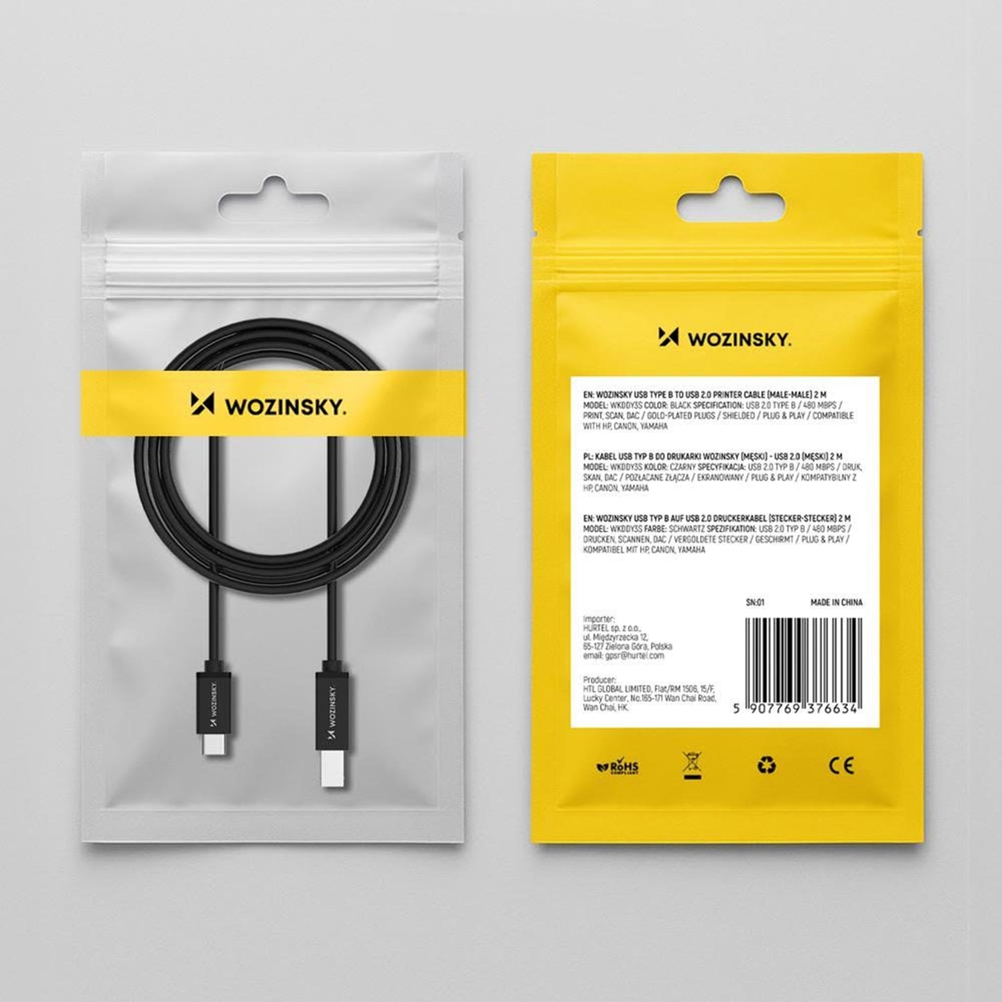 Skriverkabel WZK WKDDY1S, USB-C - USB-B, 1m, Svart