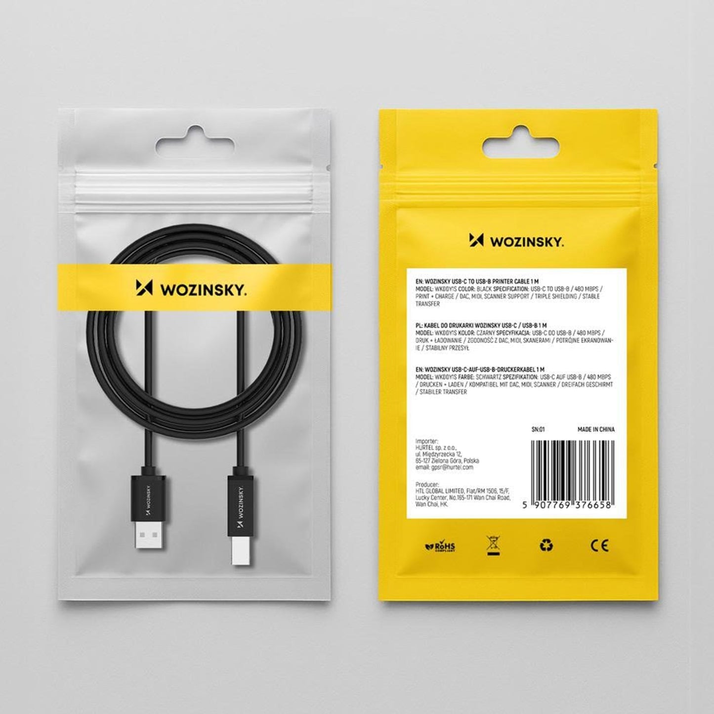 Skriverkabel WZK WKDDY3S, USB-A - USB-B, 2m, Svart