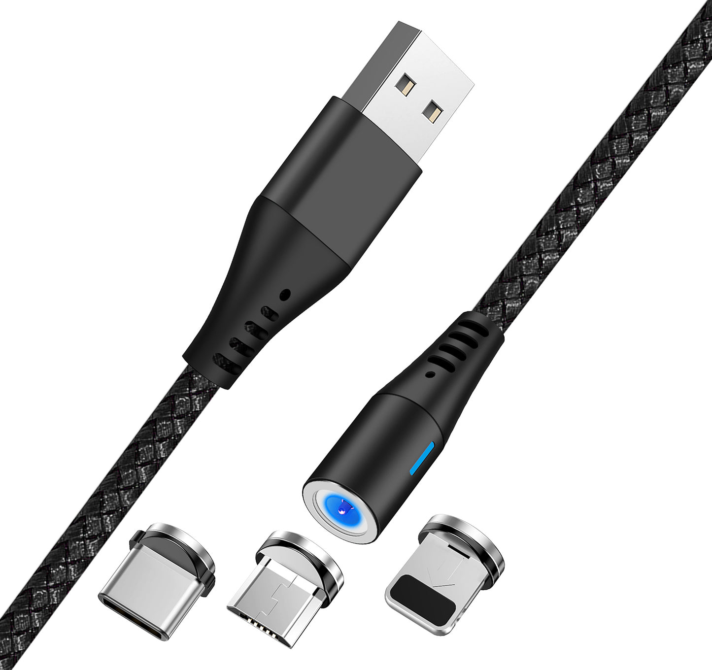 USB-A ladekabel - Lightning / microUSB / USB-C MaXlife MXUC-02 Magnetisk 3i1, 18W, 1m, Svart