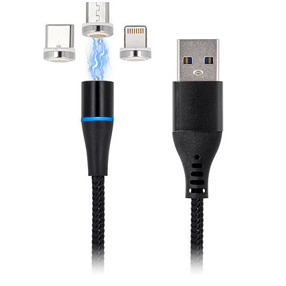 USB-A ladekabel - Lightning / microUSB / USB-C MaXlife MXUC-02 Magnetisk 3i1, 18W, 1m, Svart