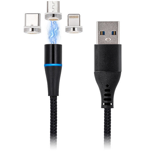 USB-A ladekabel - Lightning / microUSB / USB-C MaXlife MXUC-02 Magnetisk 3i1, 18W, 1m, Svart