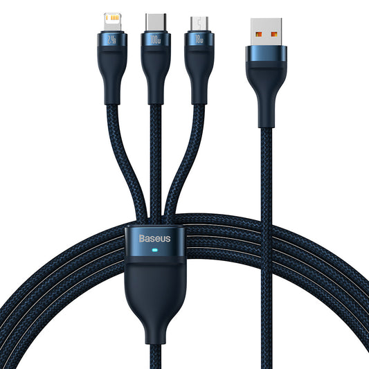 USB-A - Lightning / microUSB / USB-C Baseus Flash Series II 3in1 ladekabel, 100W, 1.2m, Blå CASS030003