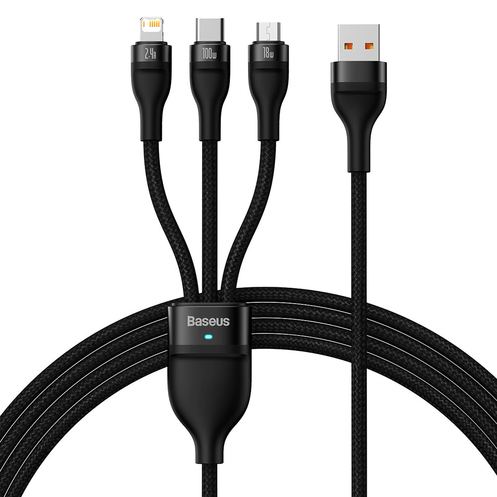 USB-A ladekabel - Lightning / microUSB / USB-C Baseus Flash Series II 3in1, 100W, 1.2m, Svart CASS030001