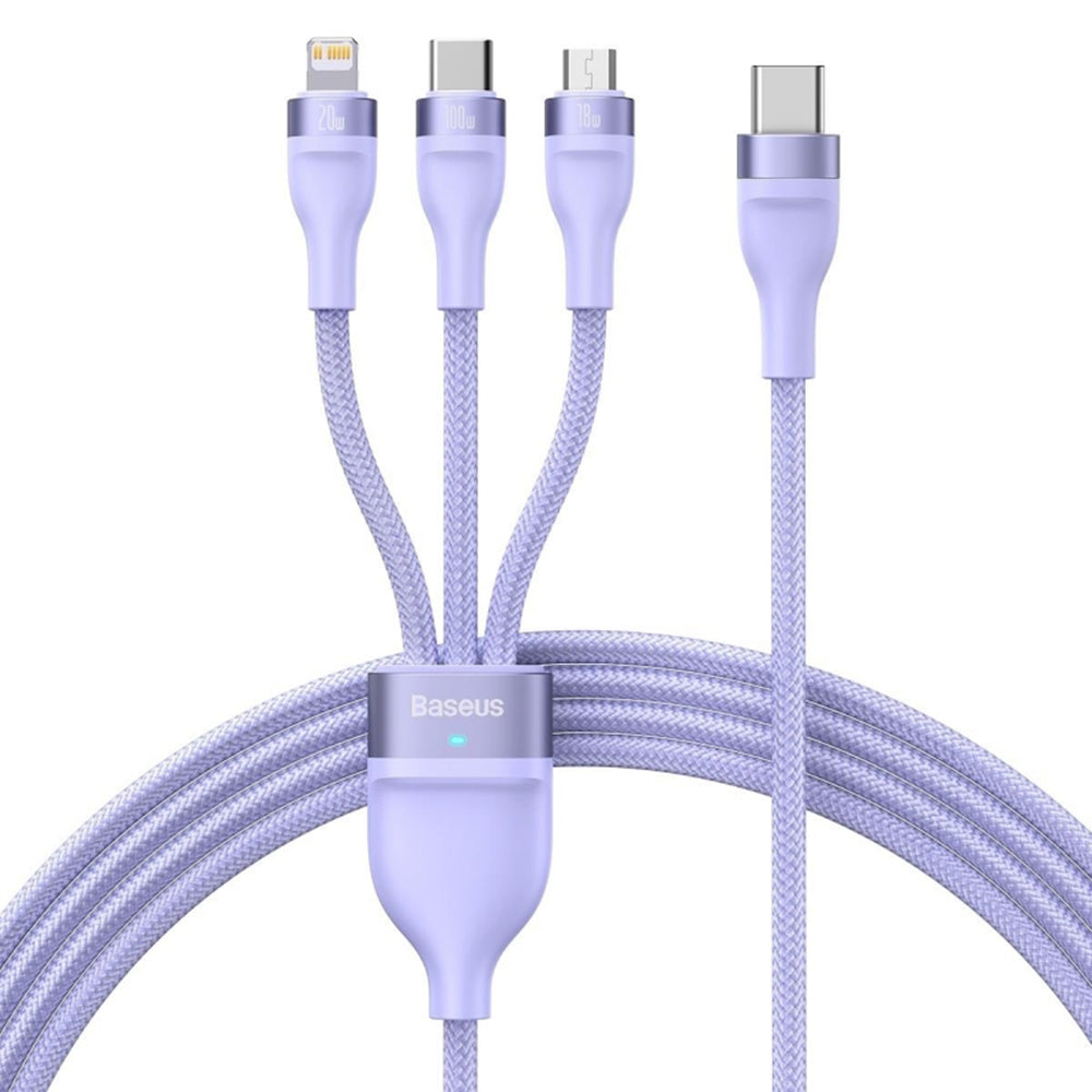 USB-A - Lightning / microUSB / USB-C Baseus Flash Series II 3in1 ladekabel, 100W, 1.2m, Lilla CASS030005