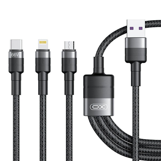 Ladekabel USB-A - Lightning / microUSB / USB-C XO Design NB-Q191 3in1, 66W, 1.2m, Svart