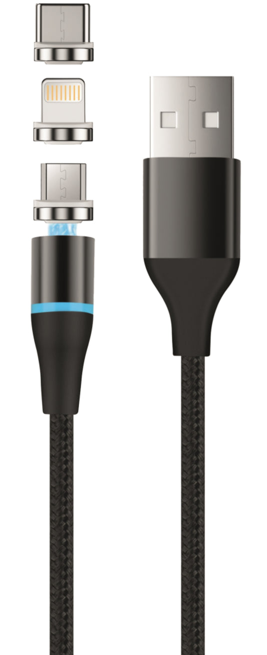 USB-A - Lightning / microUSB / USB-C Setty Magnetic DT 3in1 ladekabel, 12.5W, 1m, Svart