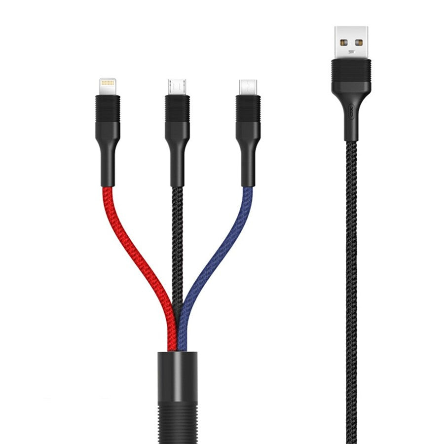 USB-A - Lightning / microUSB / USB-C Ladekabel XO Design NB54, 18W, 1.2m, Flerfarget