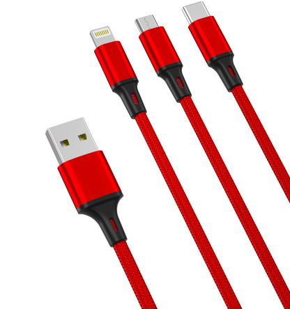 Ladekabel USB-A - Lightning / microUSB / USB-C XO Design NB173 3in1, 18W, 1.2m, Rød