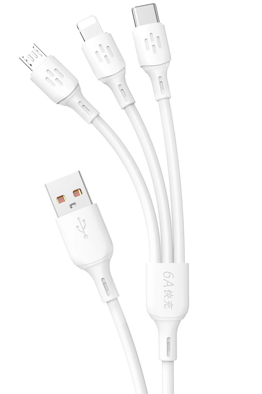 USB-A ladekabel - Lightning / microUSB / USB-C Dudao L8A 3i1, 66W, 1,2m, hvit