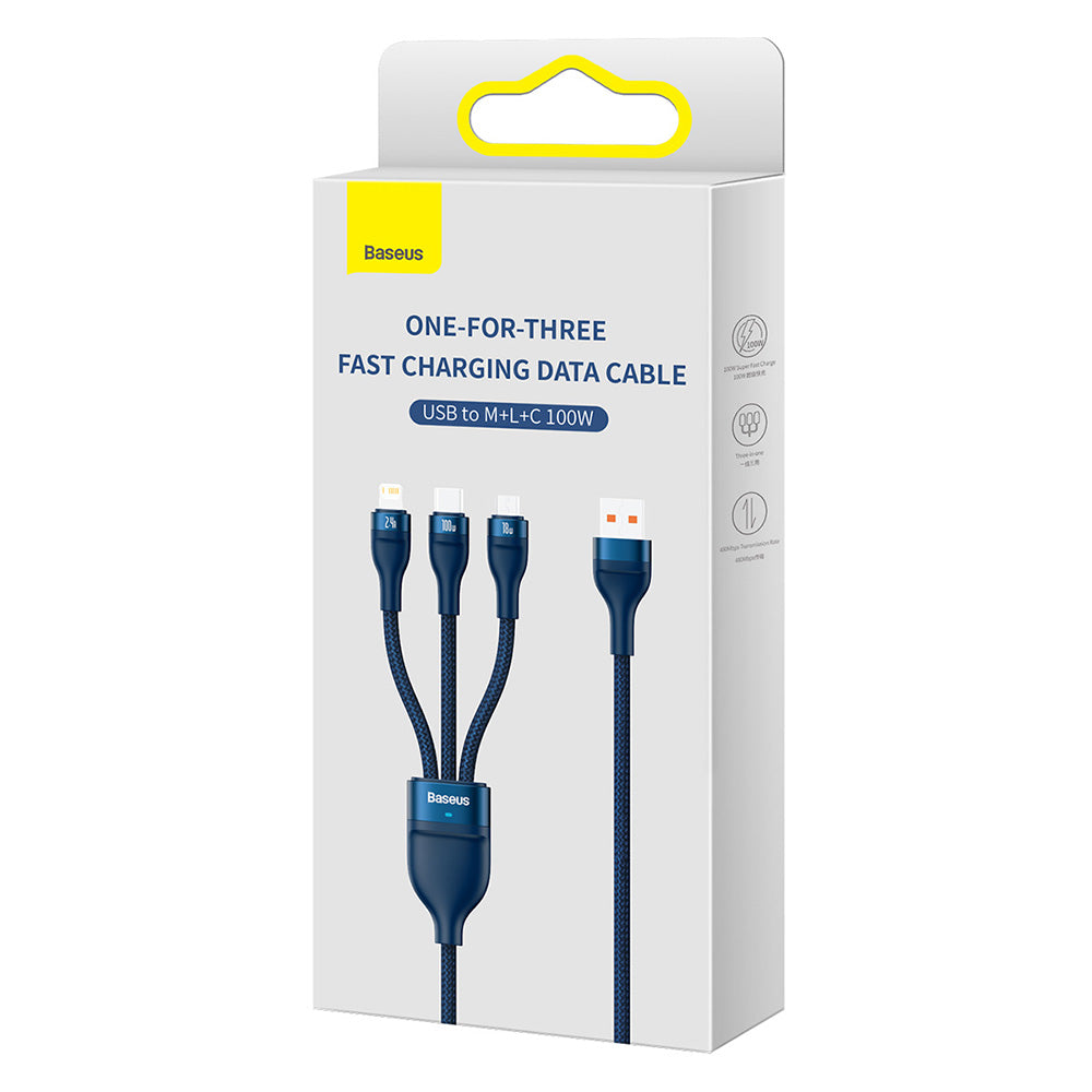 USB-A - Lightning / microUSB / USB-C Baseus Flash Series II 3in1 ladekabel, 100W, 1.2m, Blå CASS030003