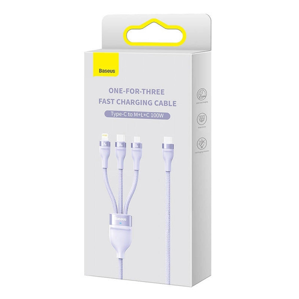 USB-A - Lightning / microUSB / USB-C Baseus Flash Series II 3in1 ladekabel, 100W, 1.2m, Lilla CASS030005