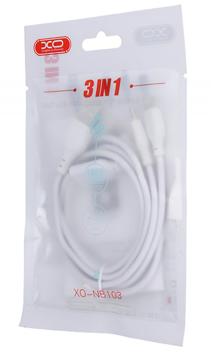 USB-A - Lightning / microUSB / USB-C XO Design NB103 3in1 ladekabel, 10W, 1m, Hvit
