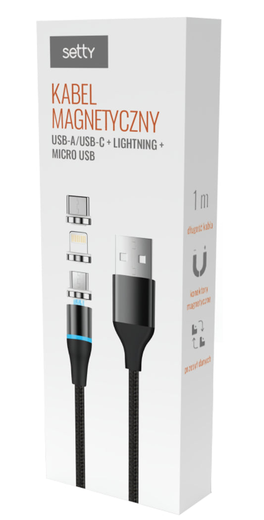 USB-A - Lightning / microUSB / USB-C Setty Magnetic DT 3in1 ladekabel, 12.5W, 1m, Svart